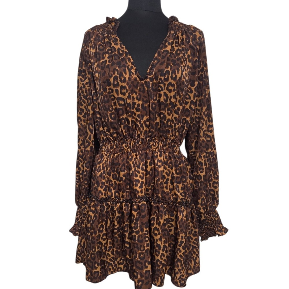 Dark Leopard Print Deep V-Neck Smocked Tiered Ruffled Midi Dress Plus Size 1X